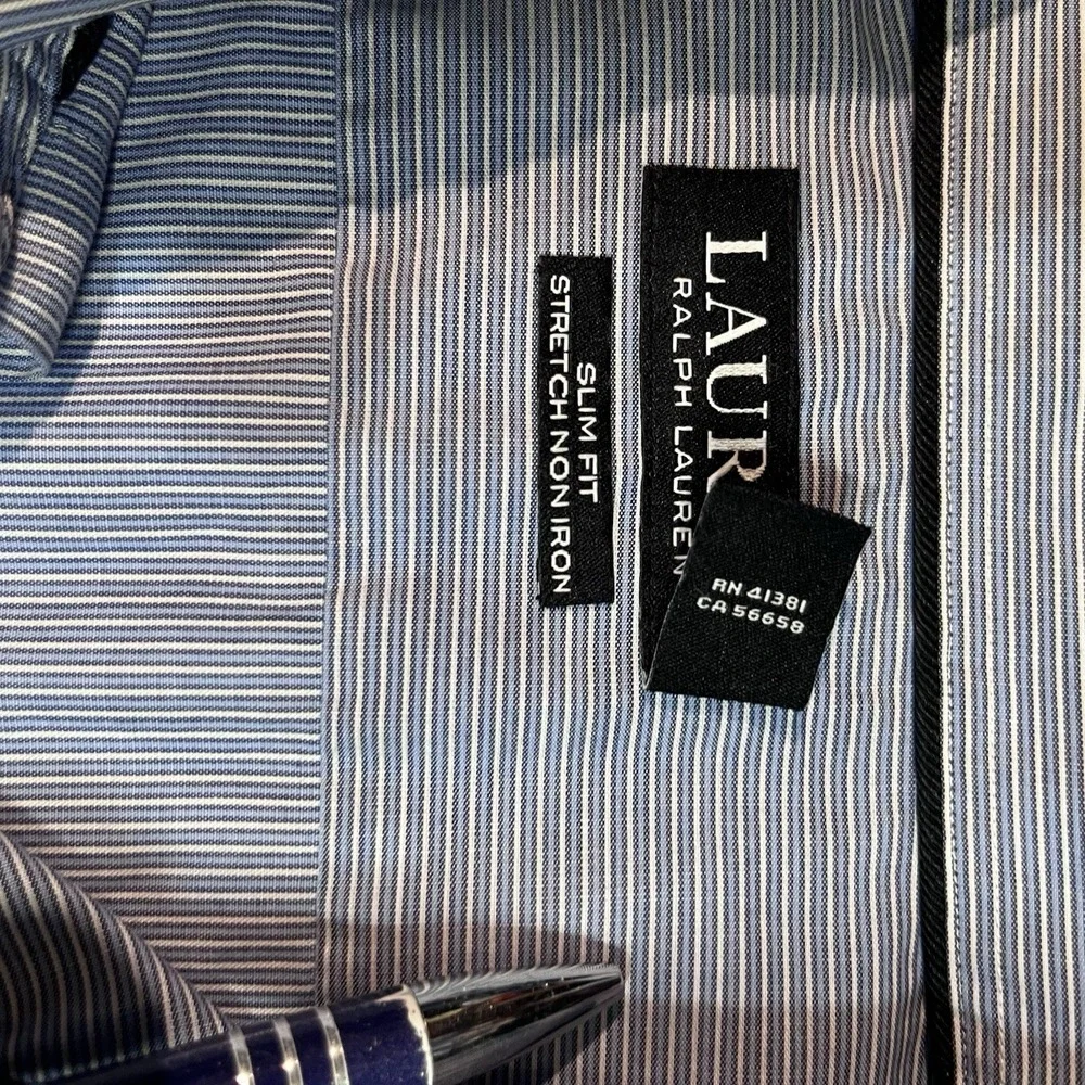 Lauren Ralph Lauren Mens Black Label Button‎ Down 17 34/35 Slim Fit Blue Striped